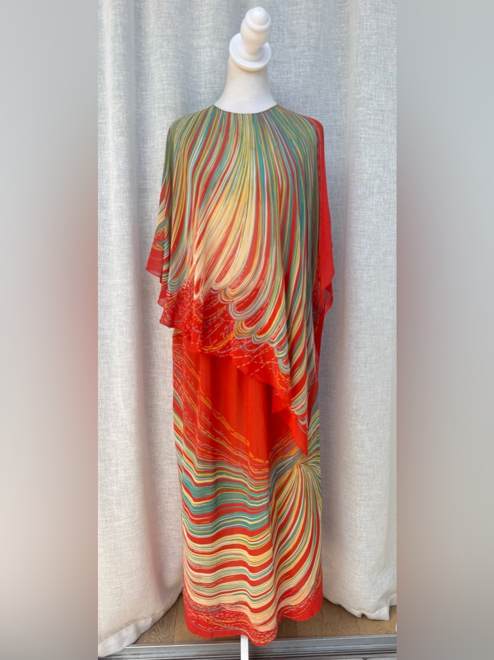 1970s red abstract multicolor silk asymmetric shawl cape blouse skirt set